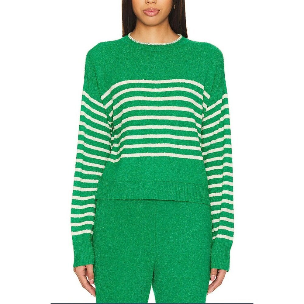 Monrow Green Striped Boucle Knit Sweater Medium Lightweight Nwt